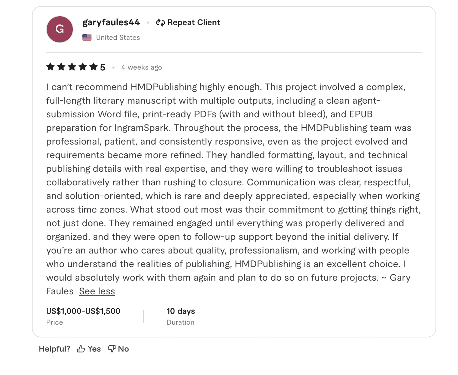 Fiverr 5-star review from Gary Faules