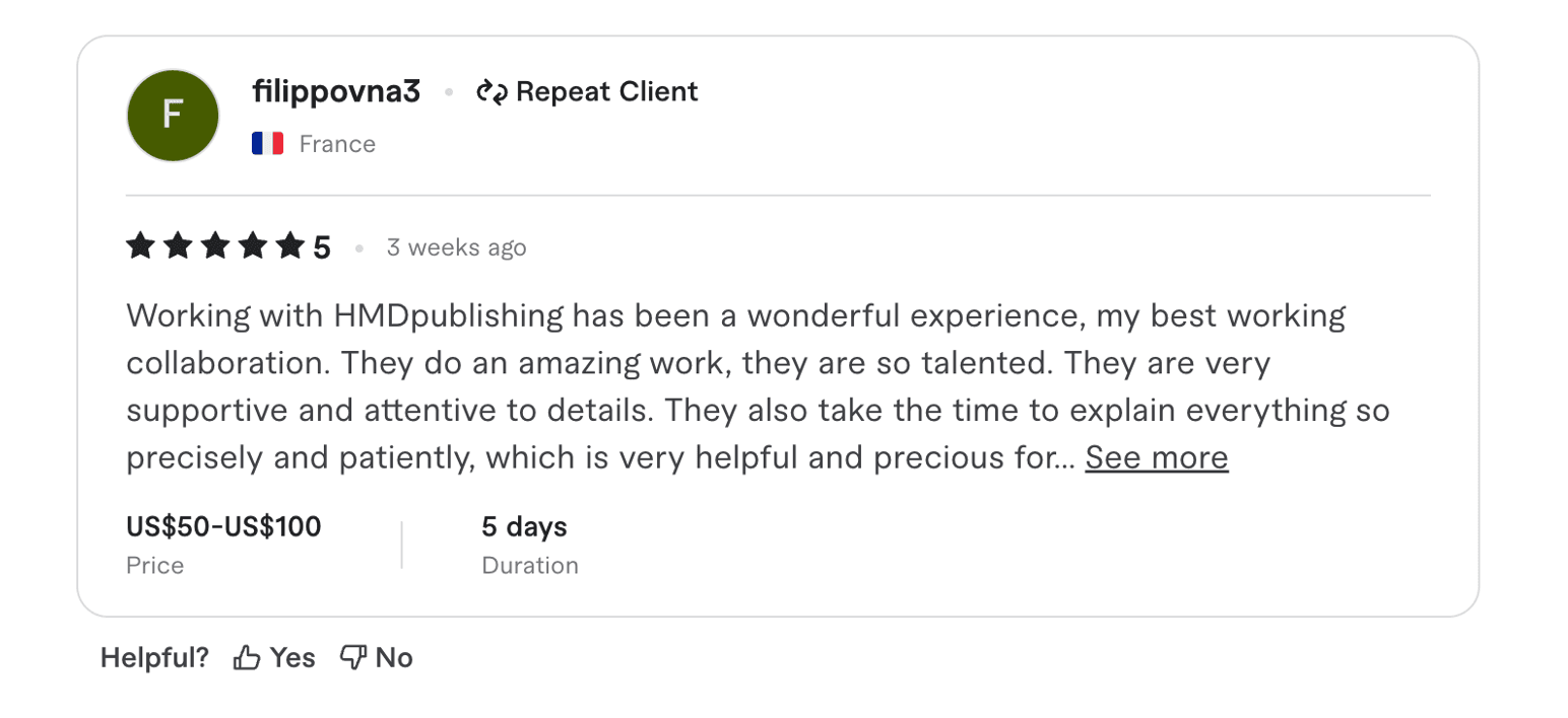 Fiverr 5-star review from Vivien Wilder