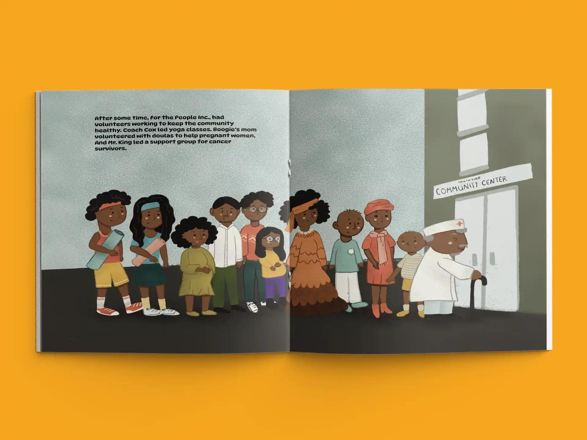book formatting sample for BOOGIE BUILDS A CLINIC on the Southside by , showing Children's interior page layout by HMD Publishing