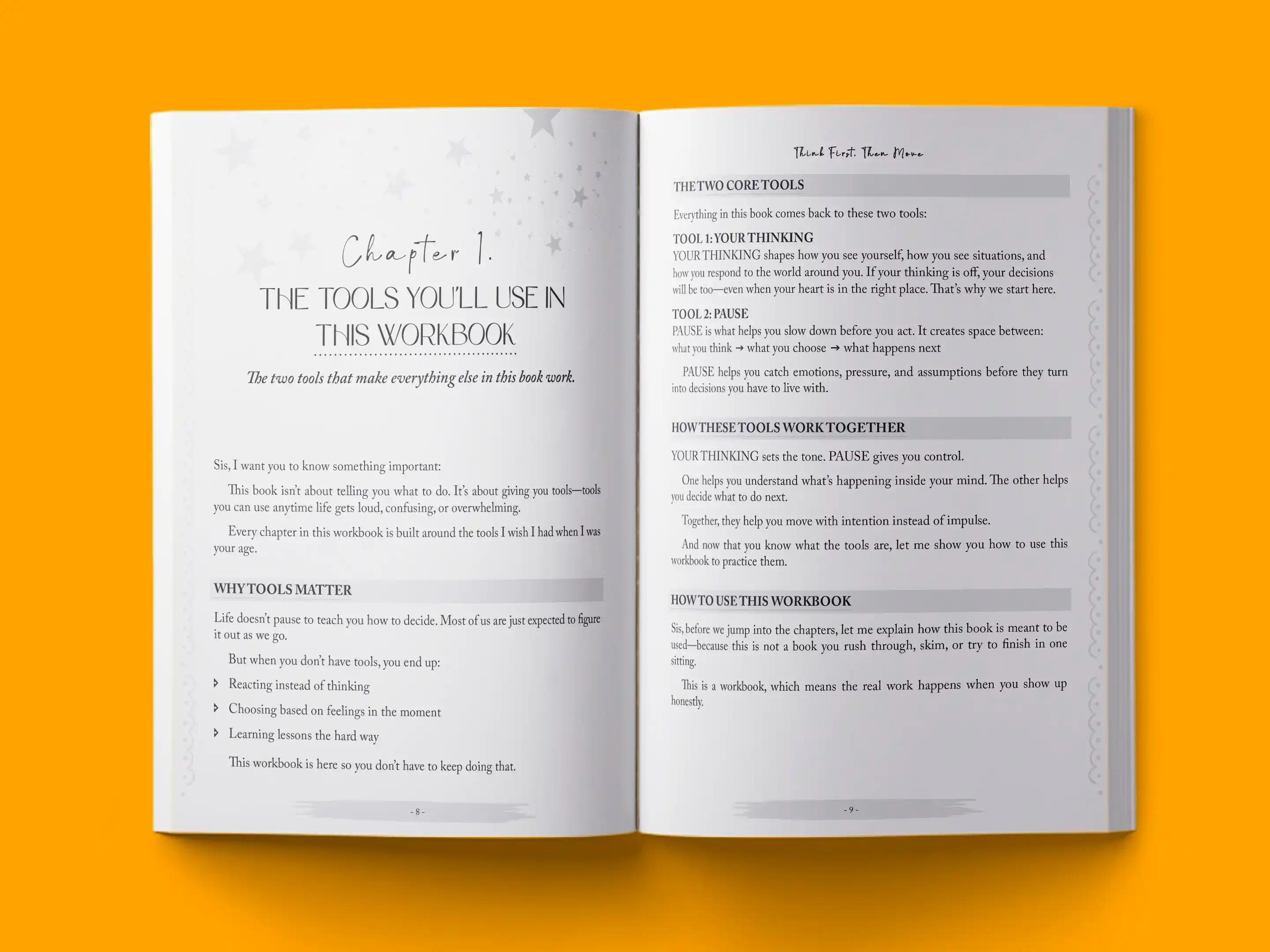 book formatting sample for THINK FIRST THEN MOVE by , showing Non-Fiction interior page layout by HMD Publishing