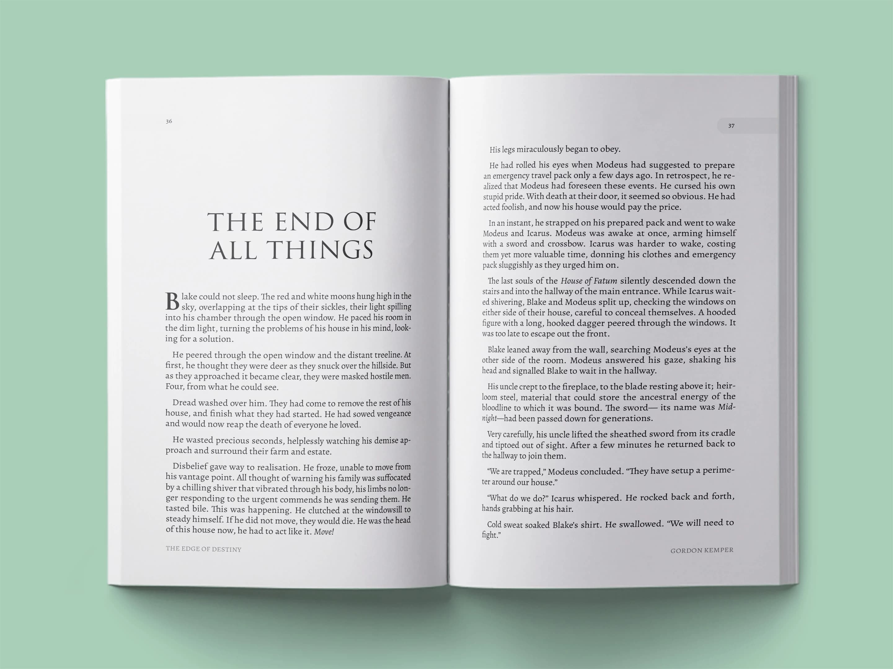 book formatting sample for THE END OF ALL THINGS by GORDON KEMPER, showing Fantasy interior page layout by HMD Publishing