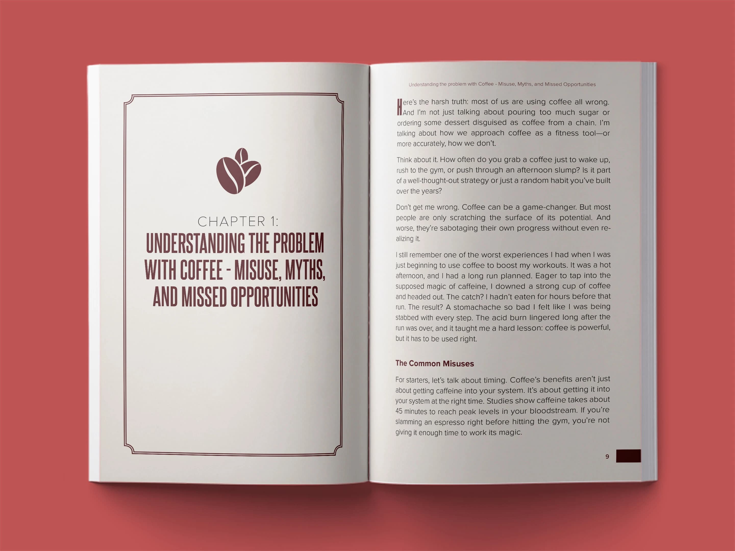 book formatting sample for The Coffee Code: Unlocking Peak Performance Through Strategic Caffeine by Dr. Marcus Chen, showing Health/Wellness interior page layout by HMD Publishing