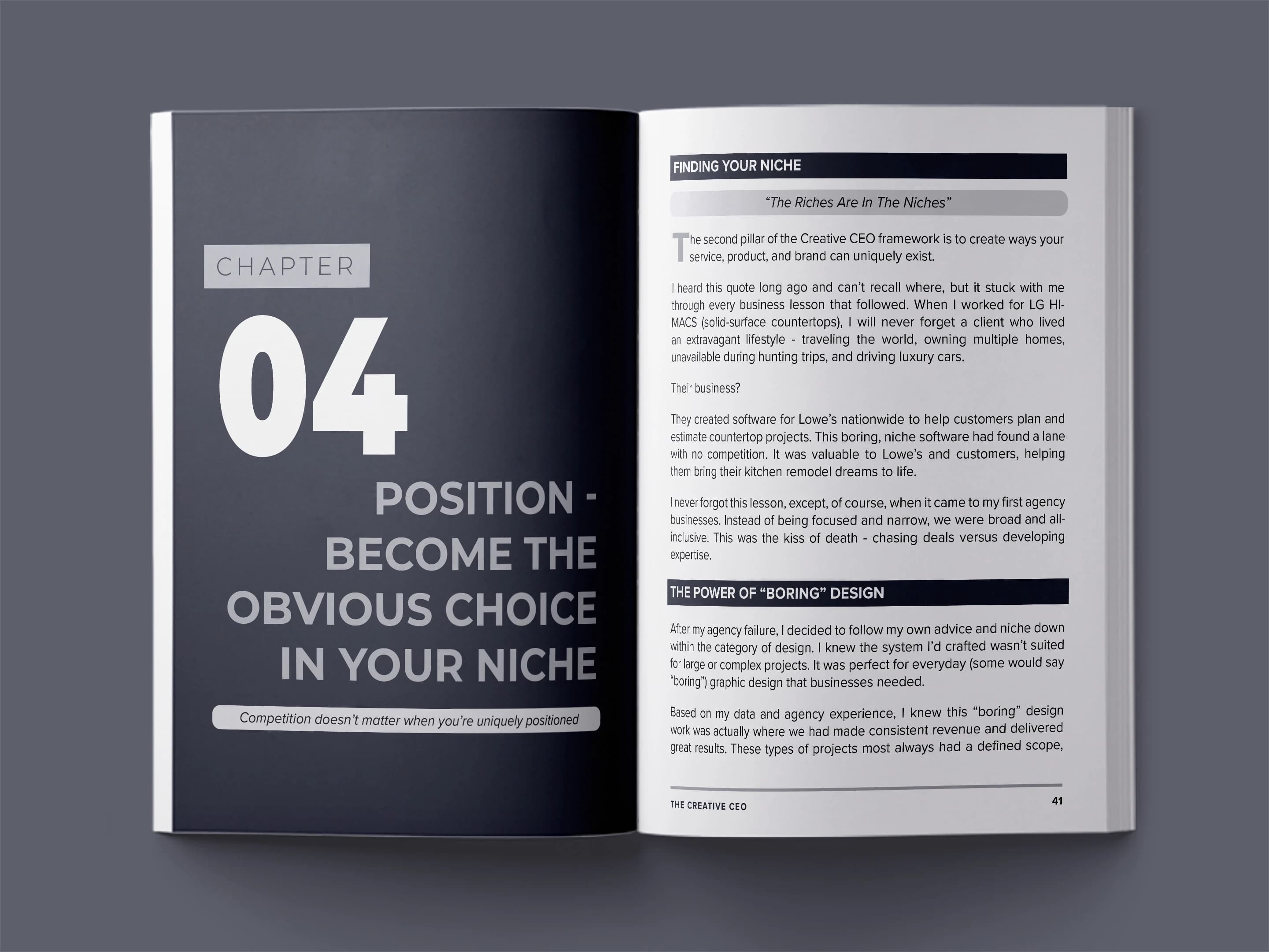 book formatting sample for The Creative CEO: Building Your Empire Through Strategic Innovation by Marcus Chen, showing Business interior page layout by HMD Publishing