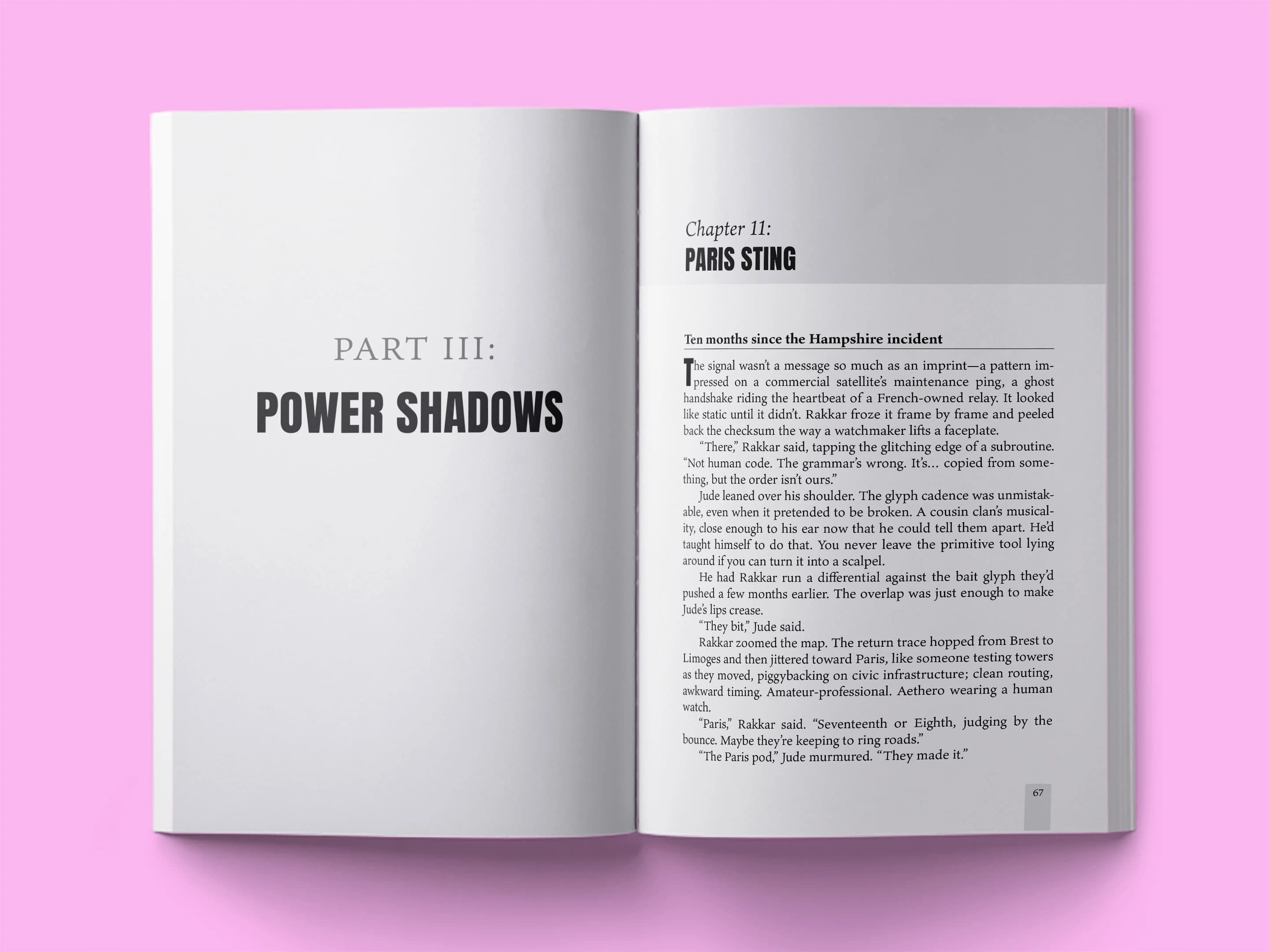 book formatting sample for Shadow Protocol by Marcus Chen, showing Other interior page layout by HMD Publishing