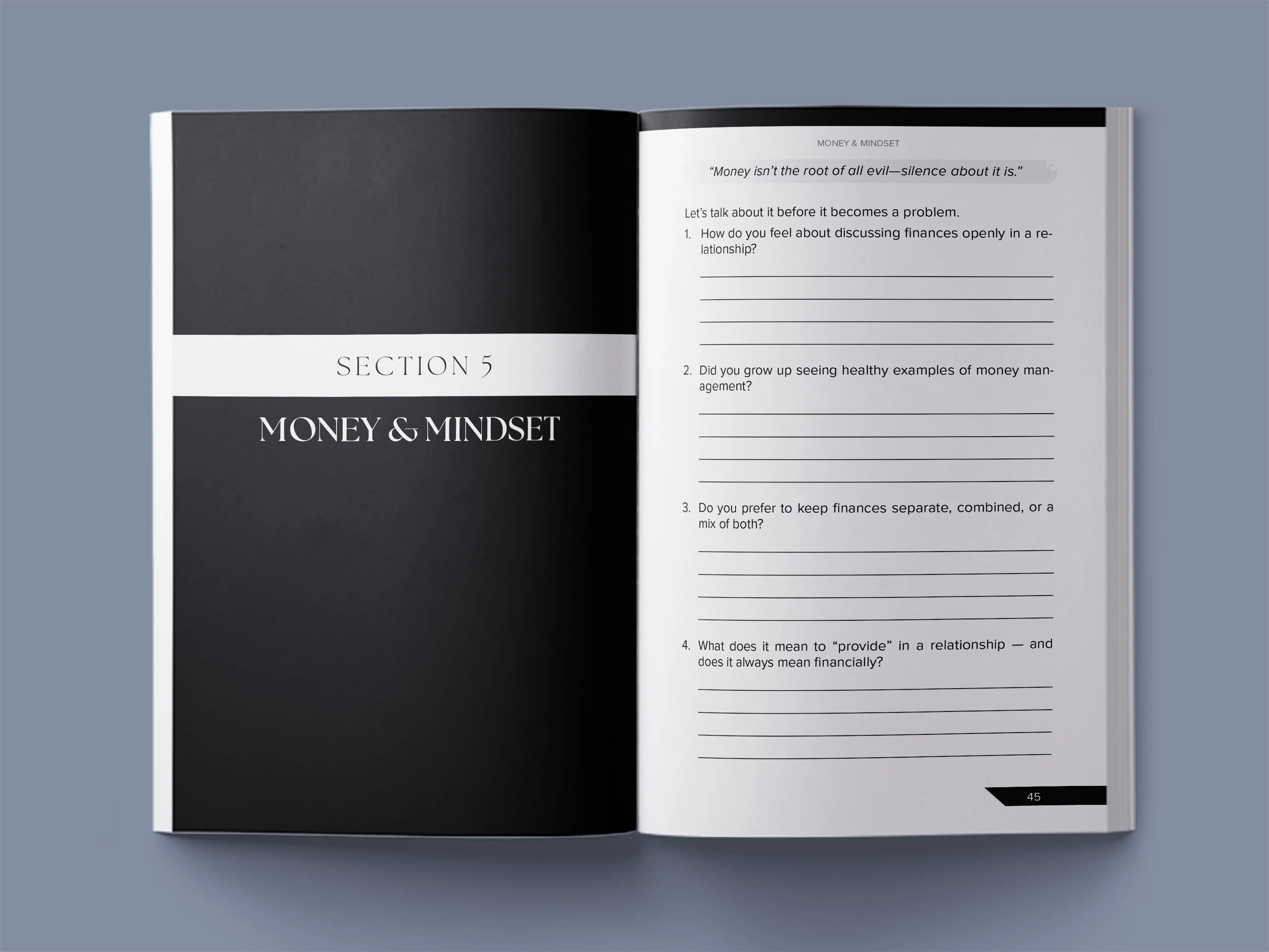 book formatting sample for The Conscious Couple: Building Wealth and Intimacy Together by Dr. Sarah Chen, showing Self-Help interior page layout by HMD Publishing