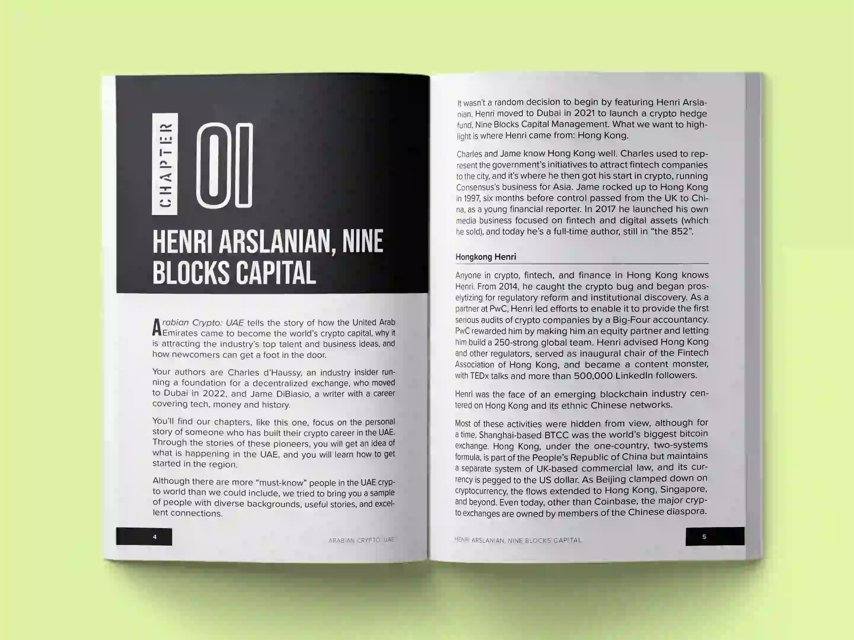 book formatting sample for ARABIAN CRYPTO: UAE by Charles d'Haussy and Jame DiBlasio, showing Business interior page layout by HMD Publishing