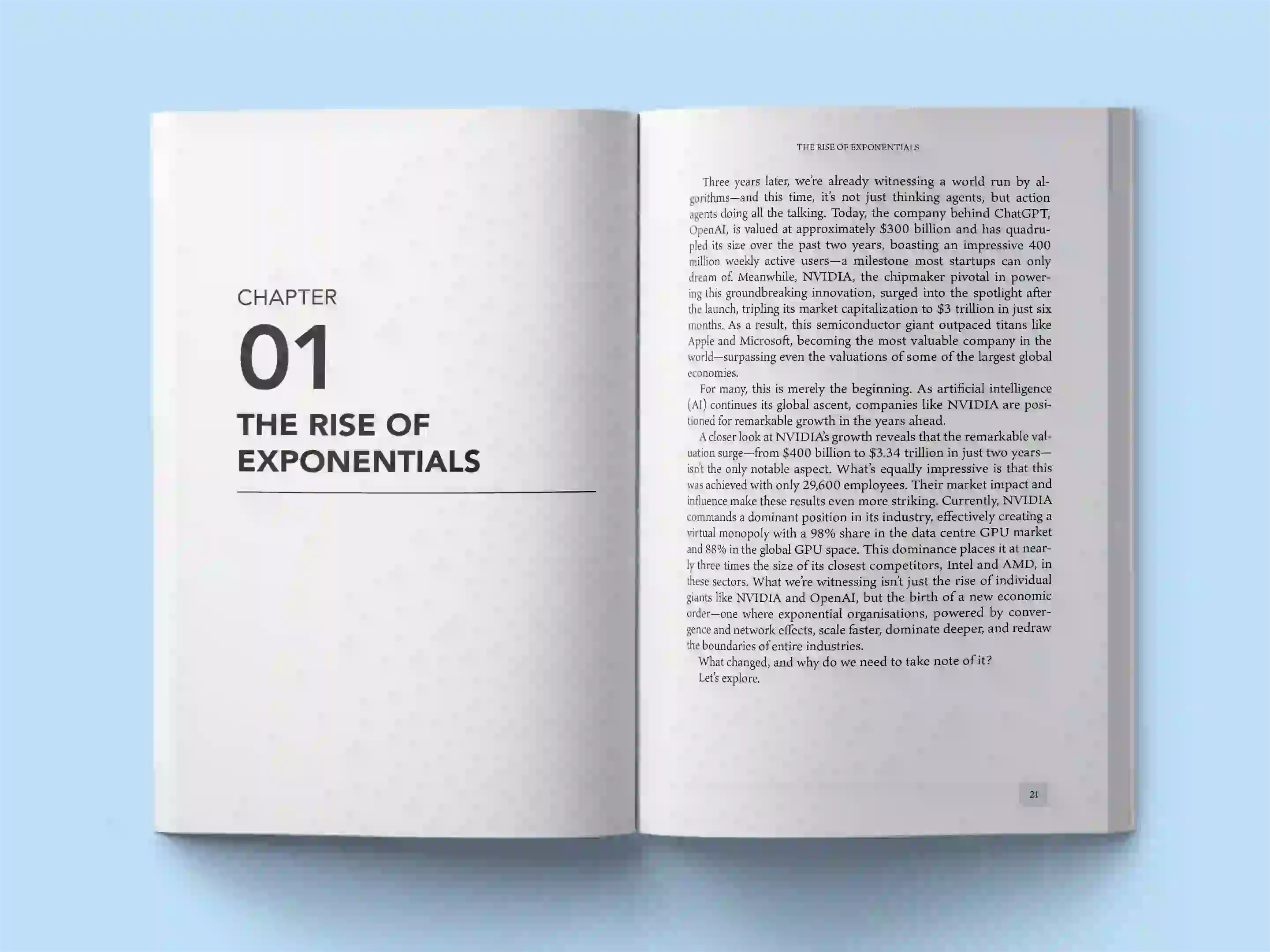 book formatting sample for The Exponential Age: How AI and Emerging Technologies Are Reshaping Business and Society by Dr. Marcus Chen, showing Business interior page layout by HMD Publishing