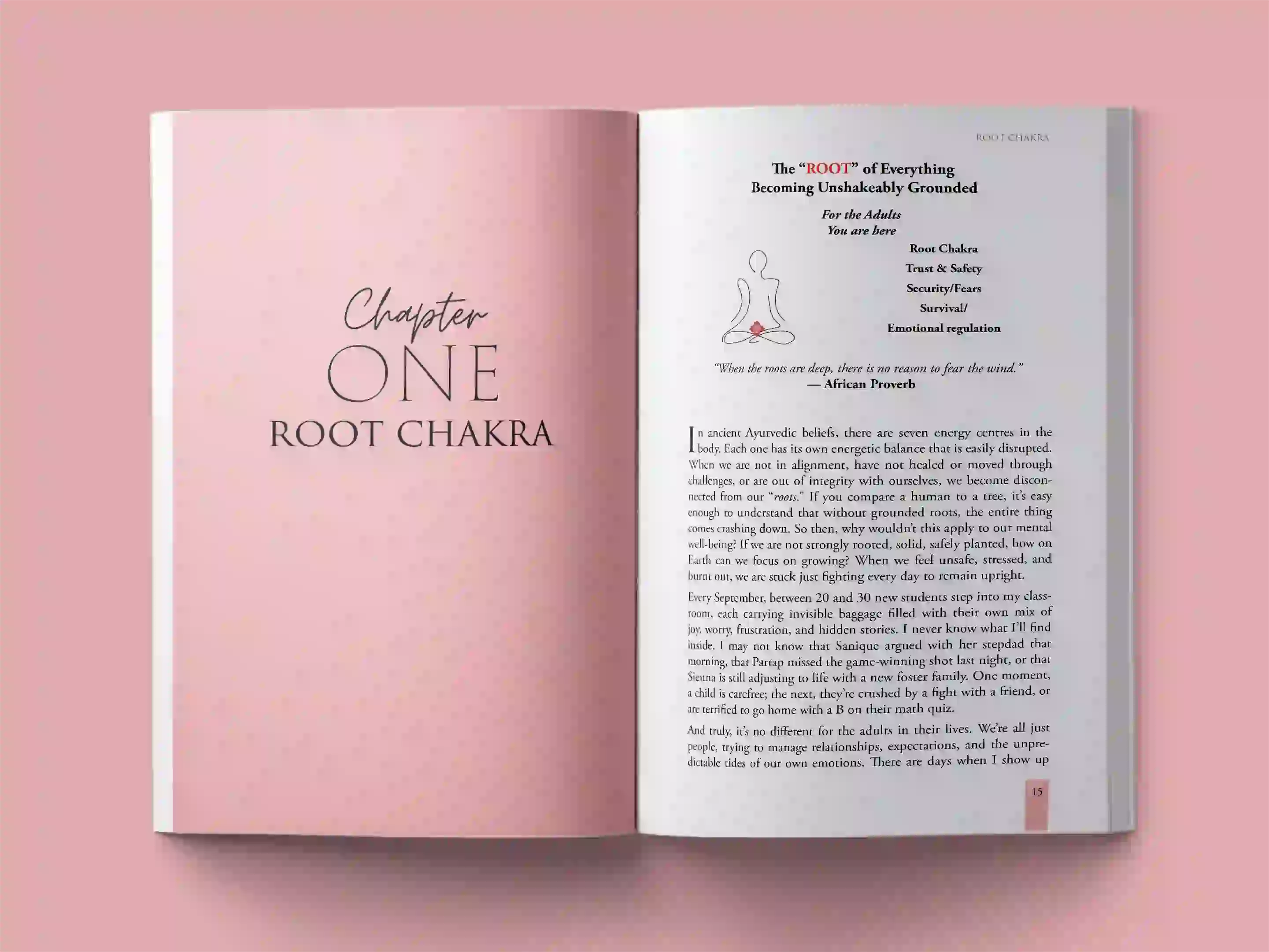 book formatting sample for Grounded: A Journey Through the Seven Chakras to Emotional Healing by Dr. Maya Patel, showing Self-Help interior page layout by HMD Publishing