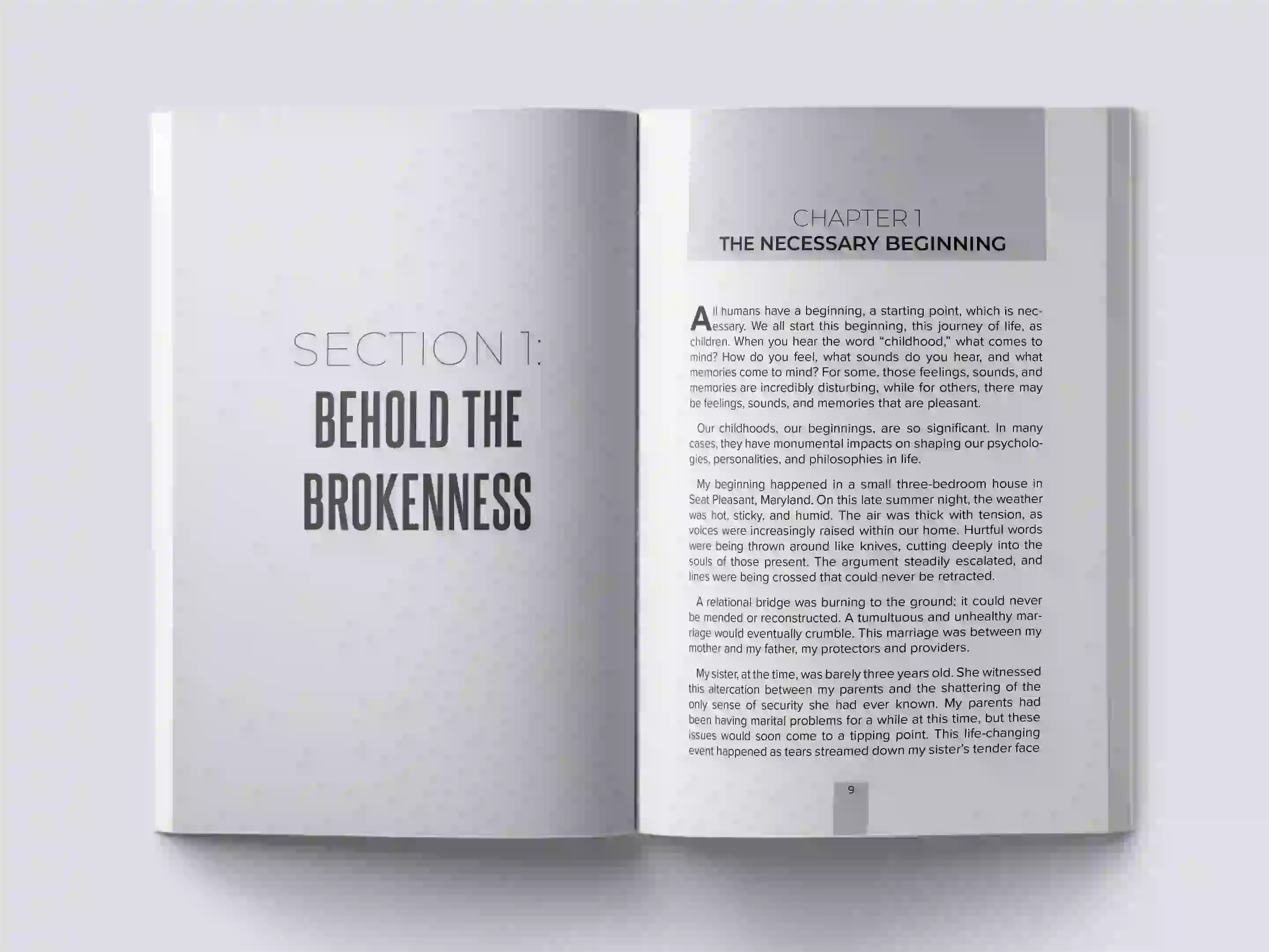 book formatting sample for Behold the Brokenness: A Journey from Childhood Trauma to Healing by Michael J. Richardson, showing Memoir interior page layout by HMD Publishing