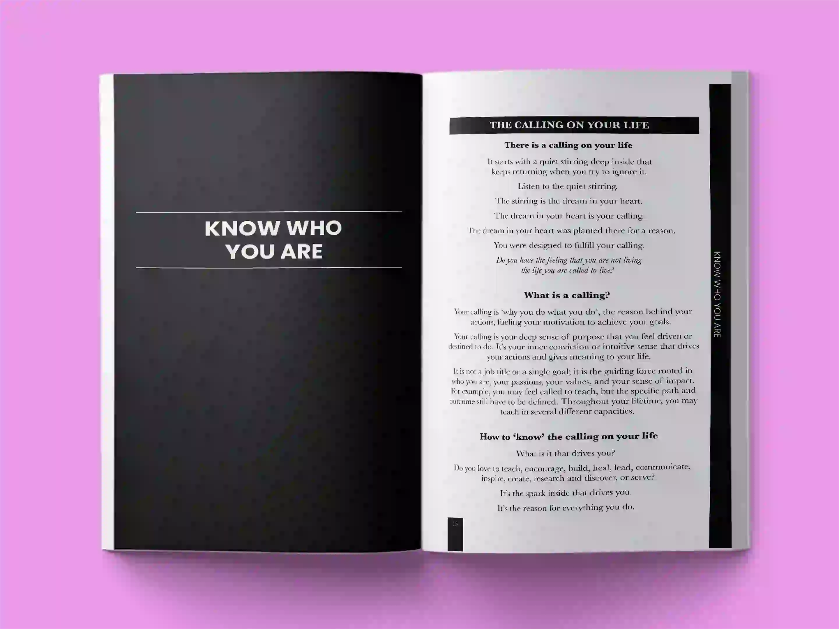 book formatting sample for The Calling Within: Discovering Your True Purpose and Living with Intention by Dr. Maya Richardson, showing Self-Help interior page layout by HMD Publishing