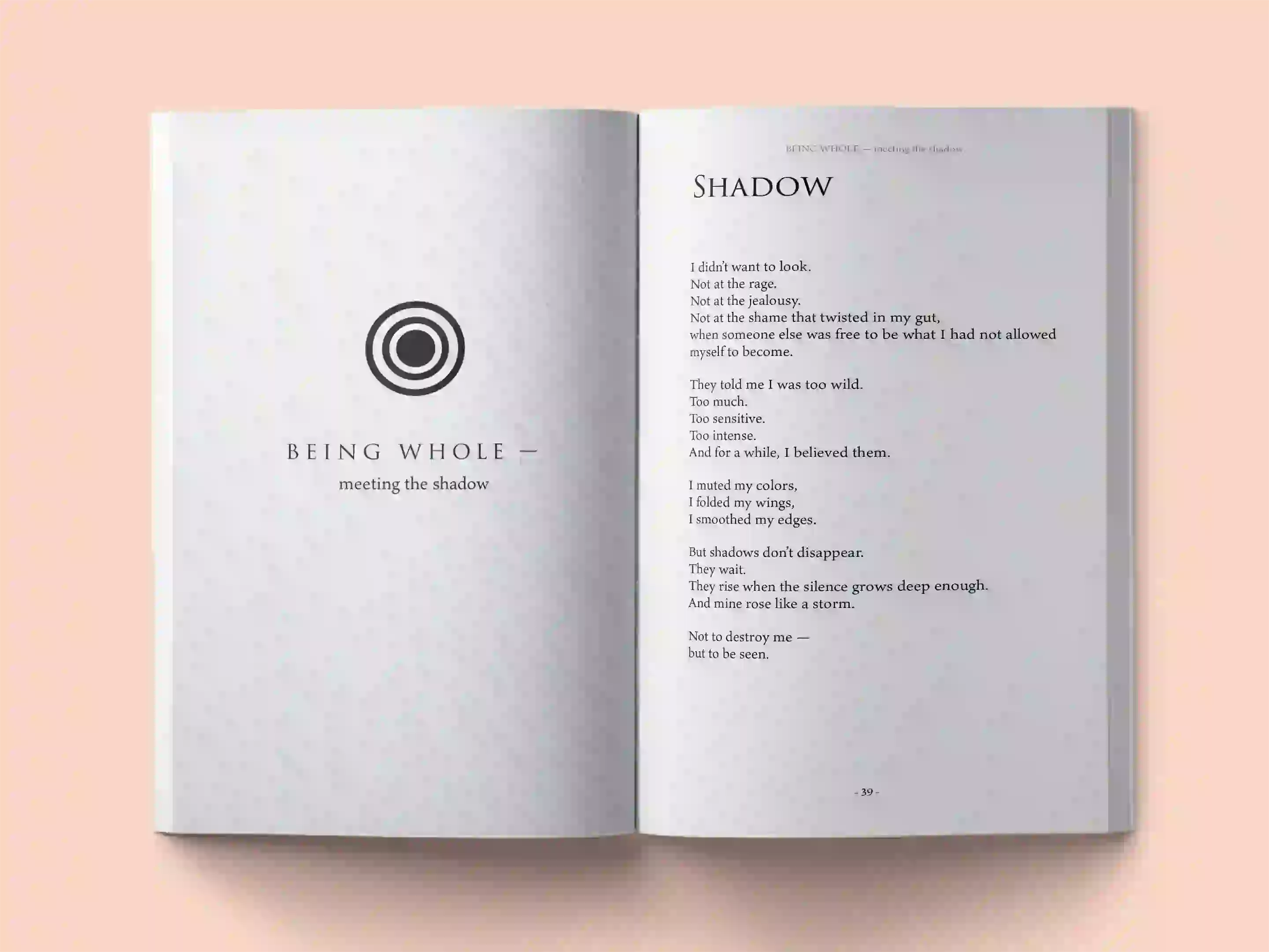 book formatting sample for Being Whole: Meeting the Shadow by Maya Chen, showing Poetry interior page layout by HMD Publishing