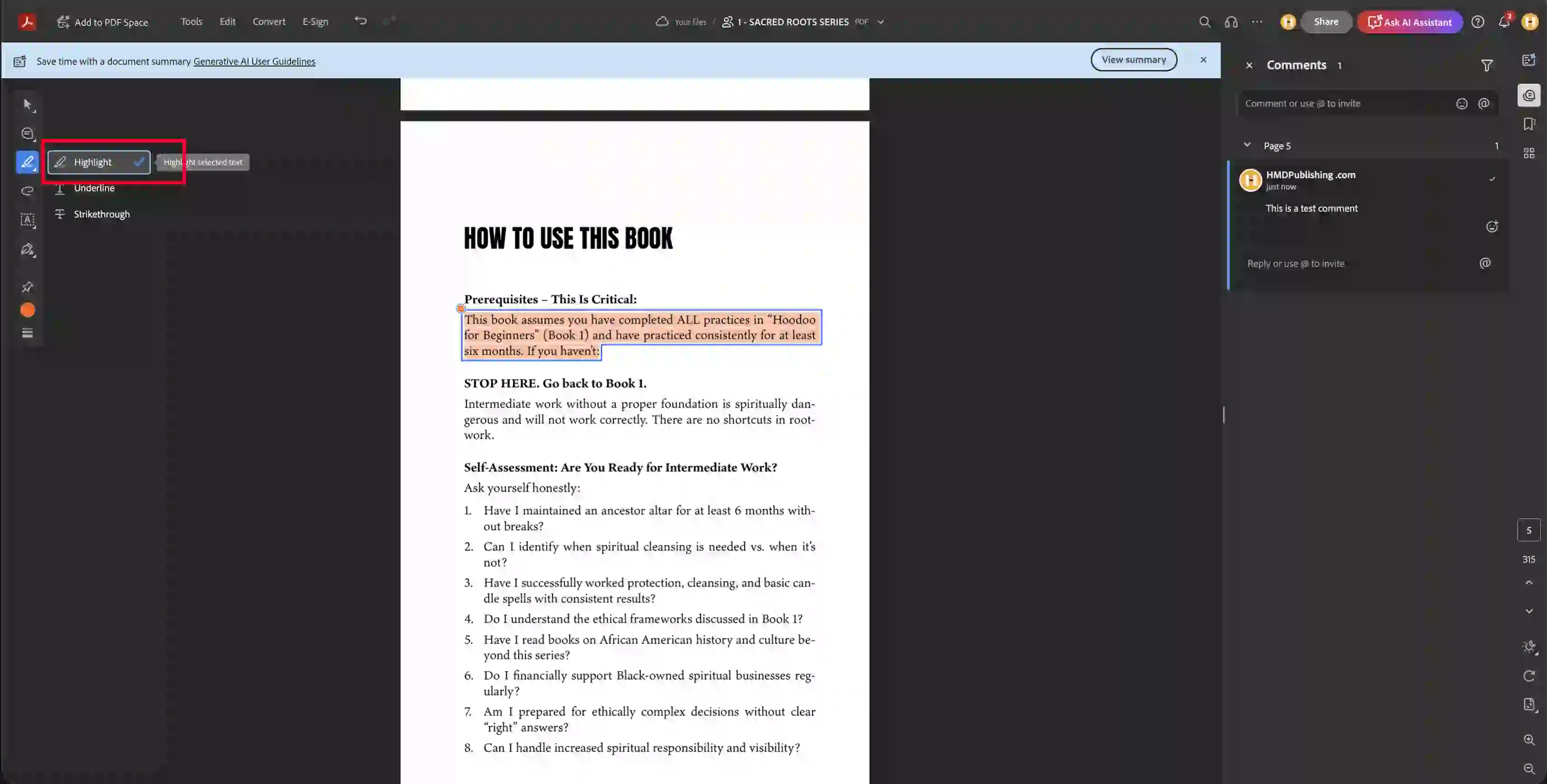 Selecting and highlighting text in Adobe Acrobat with the highlight tool and comment popup