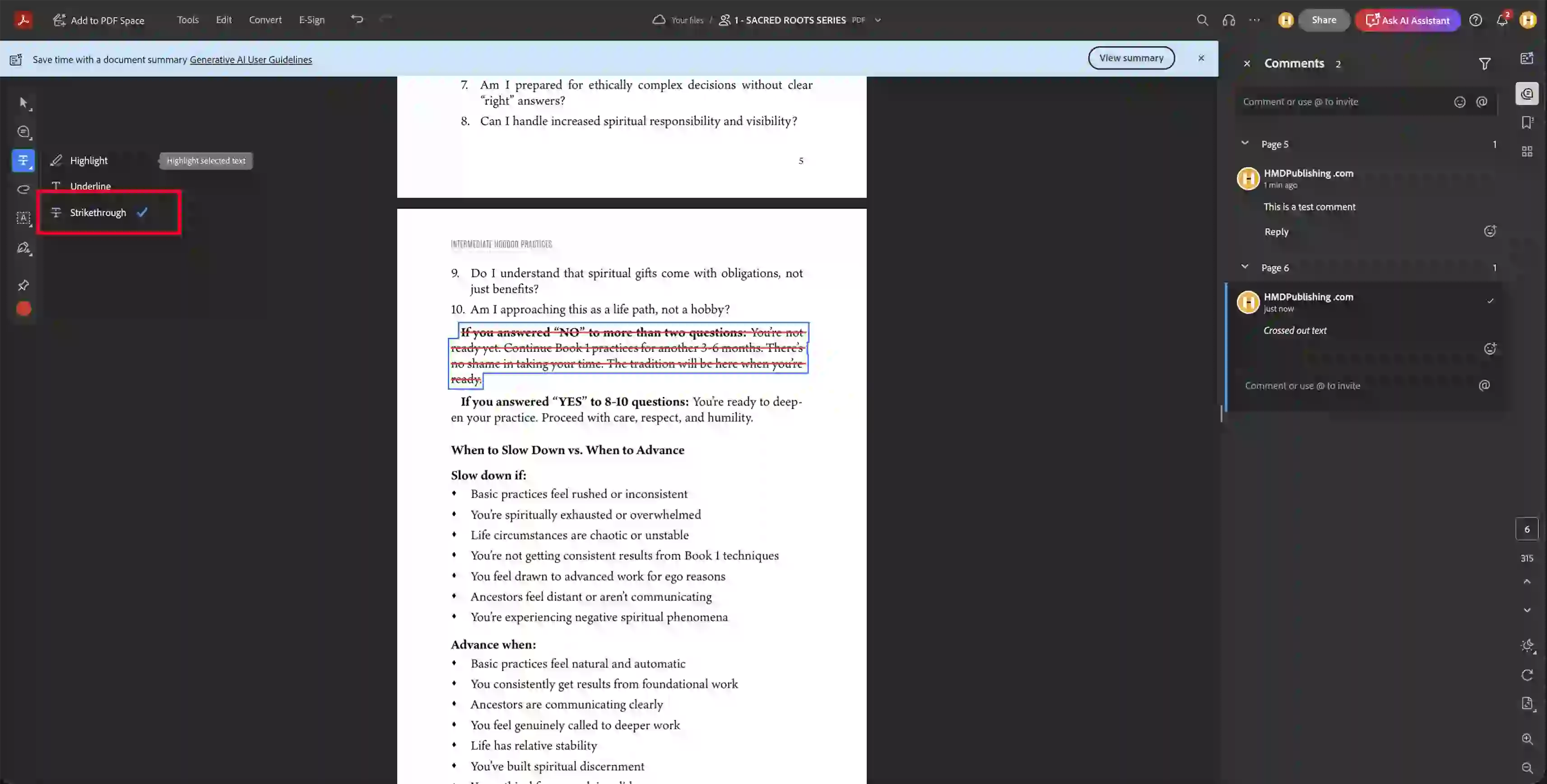Text with strikethrough markup applied in Adobe Acrobat to indicate deletion