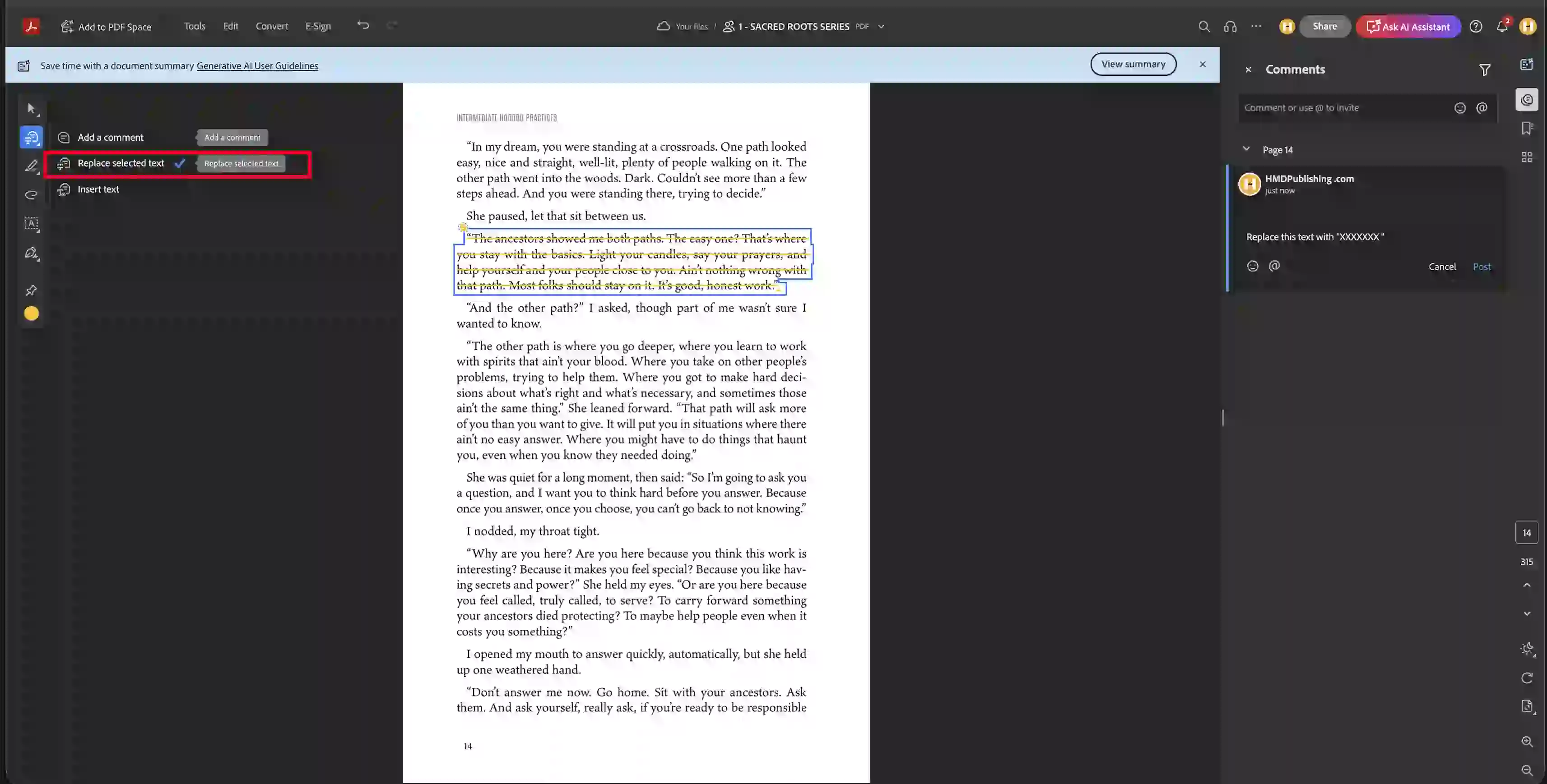 Replace text feature in Adobe Acrobat showing crossed out original and replacement text in comment