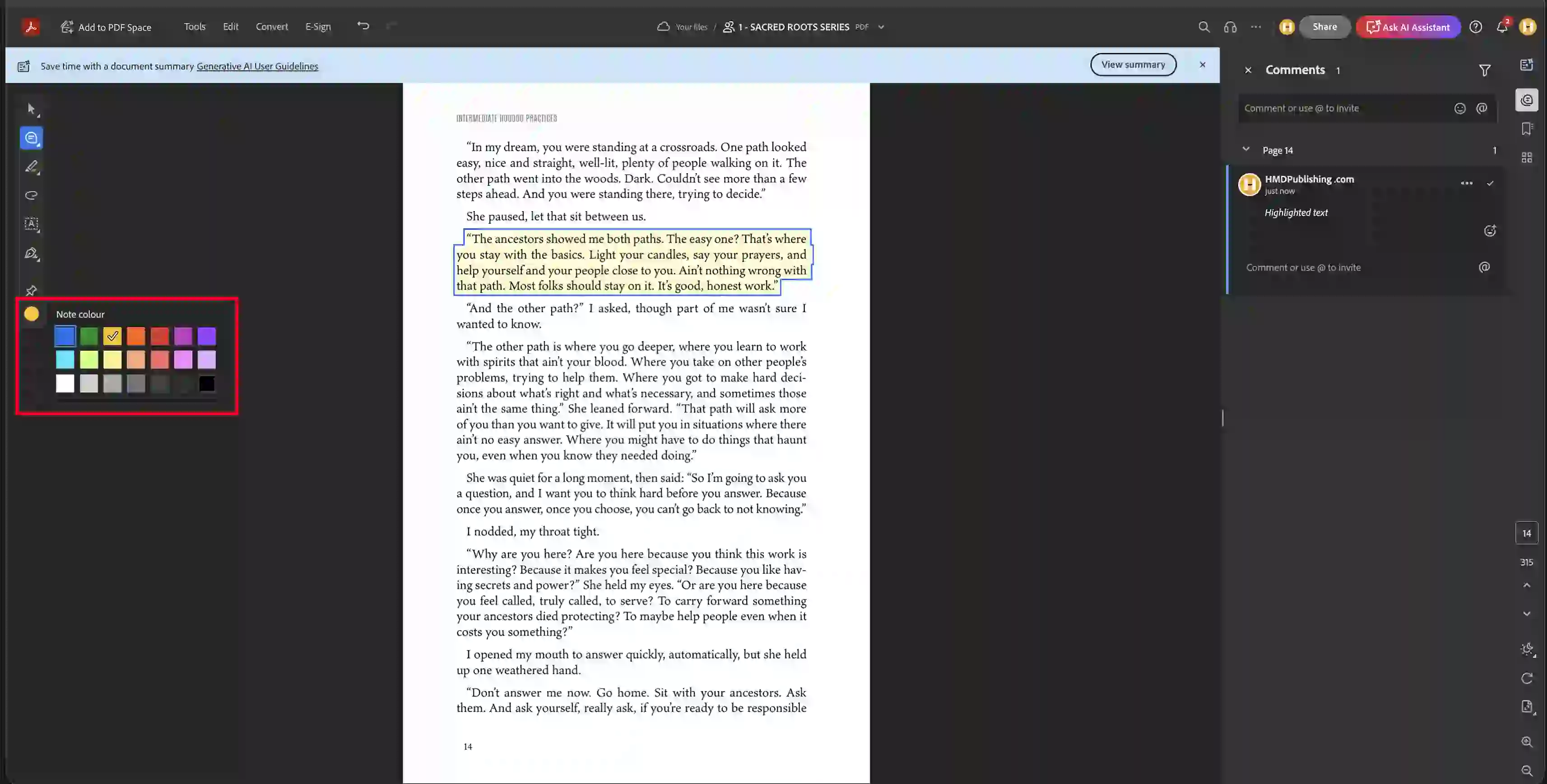 Colour palette selector in Adobe Acrobat showing highlight colour options