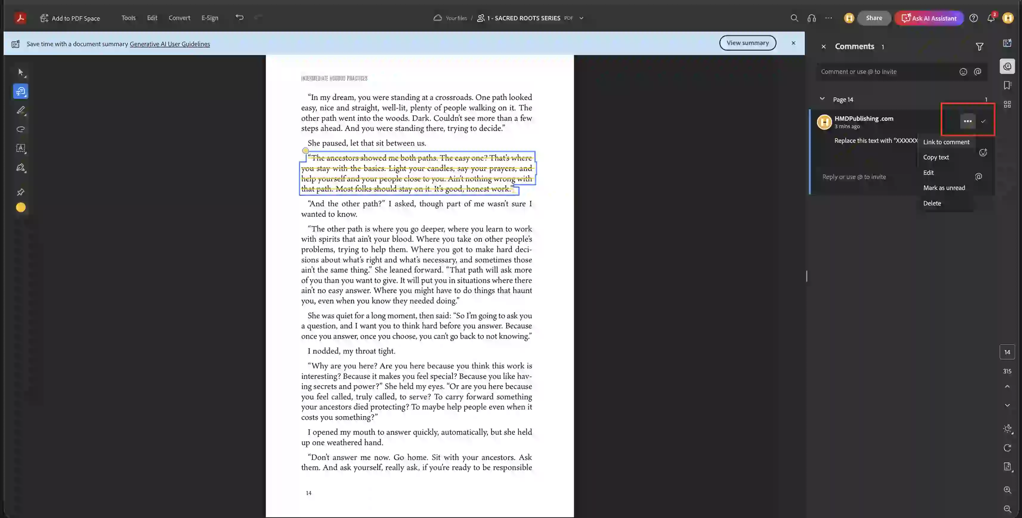 Three-dot menu on a comment showing edit, delete, and copy options